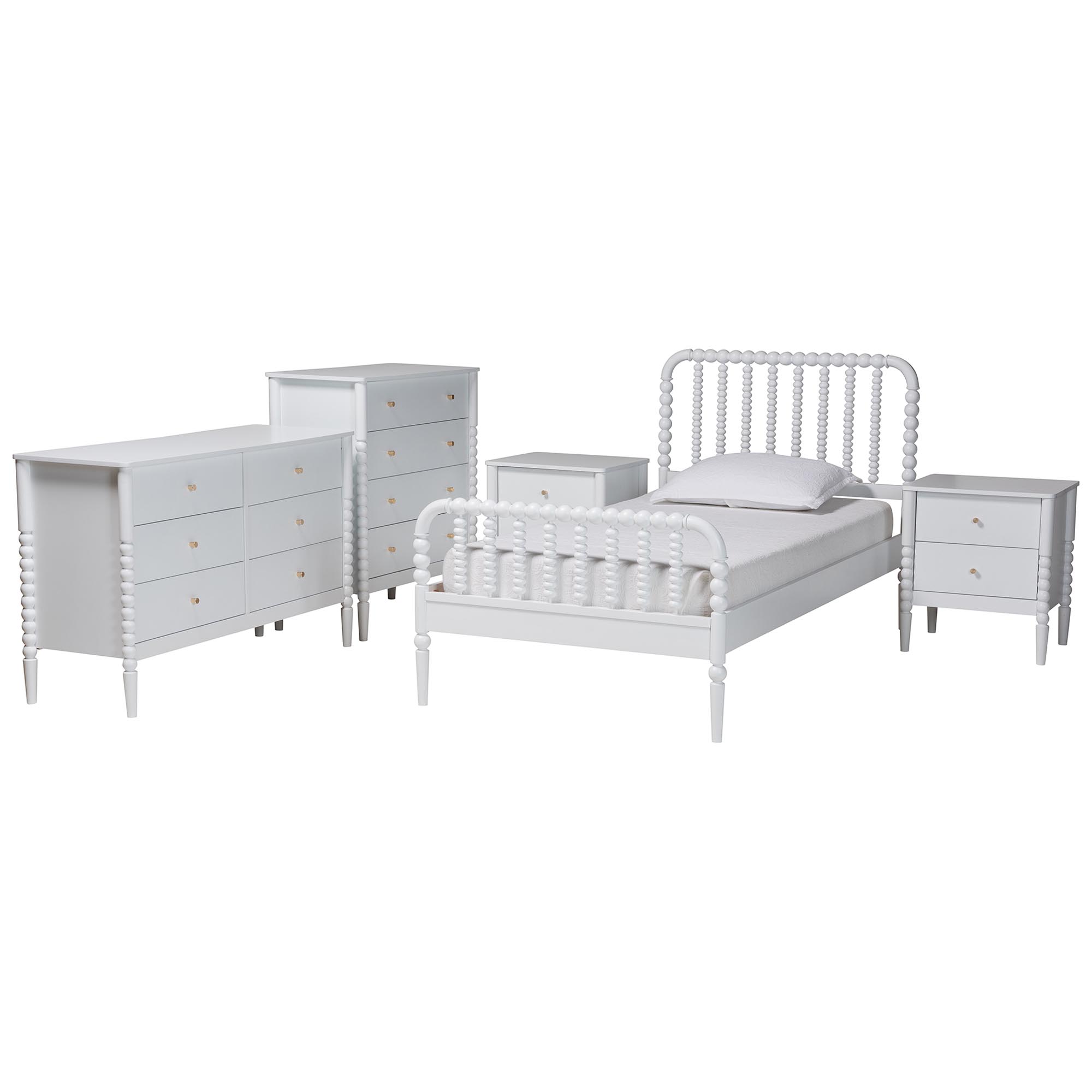 Baxton Studio Lucera Mid-Century White Twin Size 5-Piece Bobbin Bedroom Set